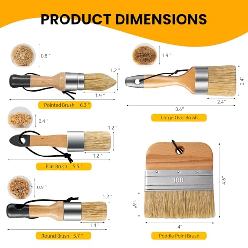5 Pack Natural Bristle Chalk Wax Brush, Brushes for Furniture | Wooden Handles, Multi-Size Paint Brushes Apply Chalk & Milk Paint for Furniture Refinishing, Waxing, DIY Craft - size: 1 Large, 3 Small, Paddle Brush