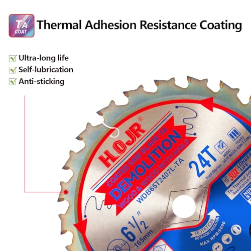 2-Pack 6-1/2" 24 Tooth 5/8" Arbor Woodworking Circular SawBlade,Framing/Demolition,Special Anti-Thermal Adhesion Coating on Cutting Head -TA,DEM 6-1/2" 24T-TA - size: 2PCS 6-1/2" 24T 5/8"
