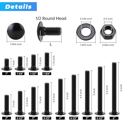Glvaner (6 Sets) 1/2-13 x 1-1/2" Stainless Steel Carriage Bolts Screws Black and Hex Nuts & Flat Washers Black, Round Head Square Neck, 304 Stainless Steel 18-8, Full Thread Coverage - size: 1/2-13 x 1-1/2"