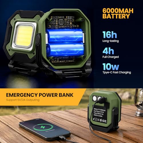 2-Pack 6000mAh Magnetic LED Work Light Rechargeable Waterproof - color: Green