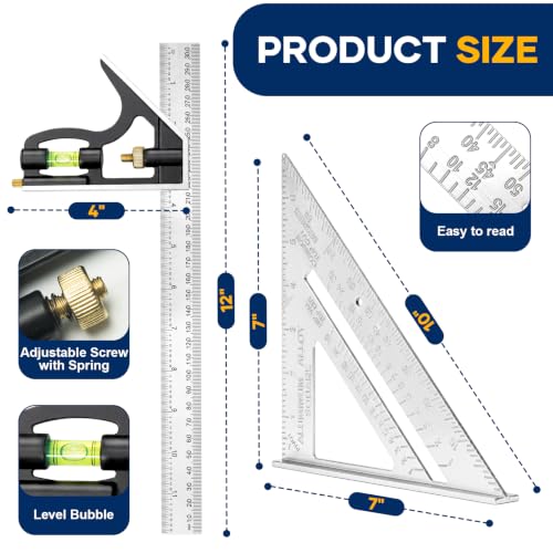 Combination Square 12 Inch and 7 Inch Carpenter Square Tool Set | Aluminum Rafter Square for Framing, Adjustable Combo Square with Stainless Steel Ruler for Carpentry and Woodworking