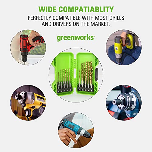Greenworks 22 PC Titanium Twist Drill Bit Set, 135° Tip High Speed Steel, Ideal Drilling in Wood/Cast Iron/Aluminum Alloy/Plastic/Fiberglass - size: Tool Only(22-Piece Accessories)