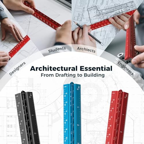 Rena Chris 2PCS Architectural Scale Ruler: 12" Imperial Aluminum Alloy Metal Architecture Measuring Tools, Engineering Drafting Construction Drawing Blueprints Triangular Architect Scaling Rulers - color: Red+Blue