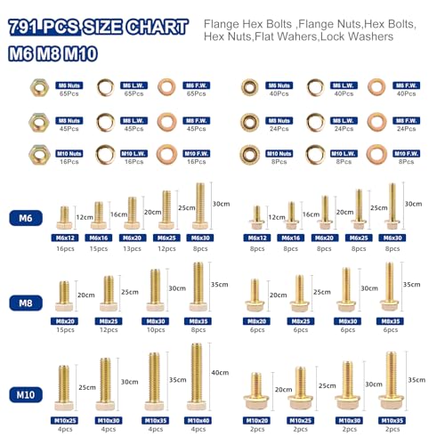 791pcs Nuts and Bolts Assortment Kit - Heavy Duty Grade 8.8 Metric M6 M8 M10 Bolt Set with Assorted Nuts and Washers, Yellow Zinc Plated, Length from 12-40mm - size: M6 M8 M10-791 PCS