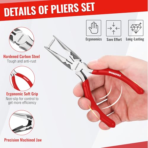 WORKPRO Pliers Set, 3-Piece Plier Tool Set with Soft Handle - color: Red