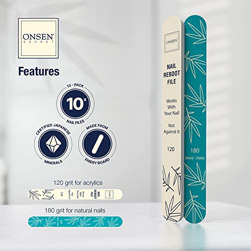 Onsen Secret Japanese Nail File - Professional 10-Pack Nail Files, Double Sided Natural & Acrylic Filers - 120/180 Grit - Disposable, Salon Smooth | Best Onsen File for Shiny Nails - size: 10 Nail Files