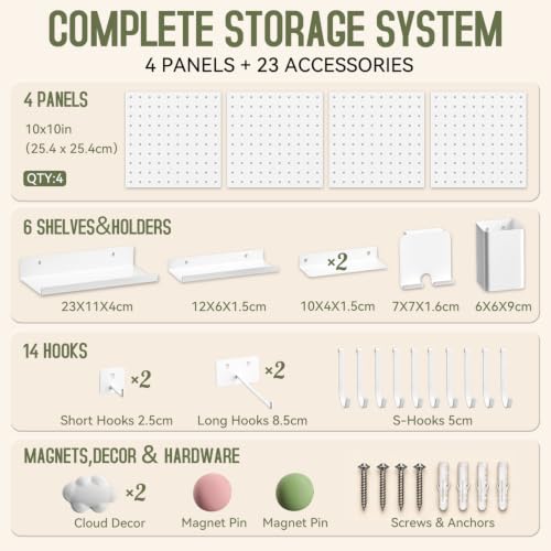 Magnetic Metal Pegboard Wall Organizer Kit, 4 Pack 10 x 10 in Panels White - color: White, size: 10"×10" - 4 Pcs