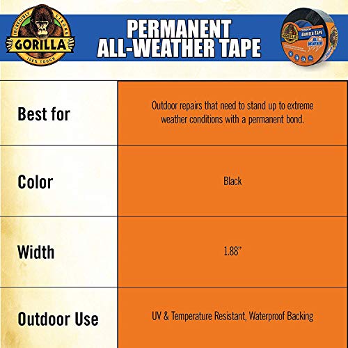 Gorilla All Weather Duct Tape, Black, 1.88" x 25 yd - UV and Temperature Resistant Waterproof Tape for Outdoor Repairs (Pack of 4) - size: 4 - Pack