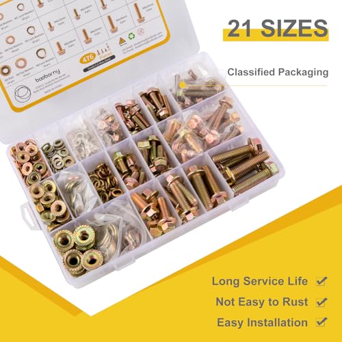 476pcs Class 8.8 Metric Flange Bolts Assortment Kit, M5, M6, M8, Metric Bolts and Nuts Assortment, Hex Bolt and Nut Washers Kit, Yellow Zinc Plated - size: M5, M6, M8-476pcs
