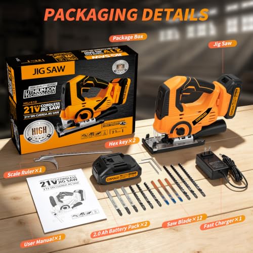 Cordless Jig Saw, Jigsaw Saw with 2×2.0Ah Batteries and Charger, Power Saber Saw Tool with LED Light, 0-45° Bevel Cuts & 4 Orbital Sets, Electric Curve Saw for Straight/Curve/Circle Cutting