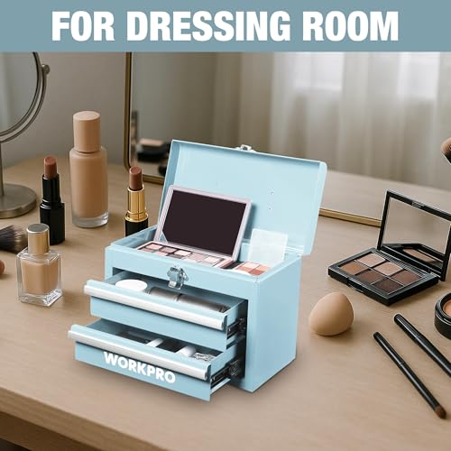 WORKPRO Portable Mini Metal Tool Box with 2 Drawers - color: Macaron Blue
