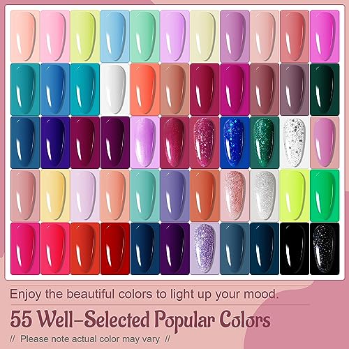 JODSONE Gel Nail Polish Kit 60 PCS with U V Light Soak off Base Top Coat 55 Shine Colors Gel Nail Kit Bright and Dark Brown Wine Red Series Manicure Set for Women and Girls - color: B10