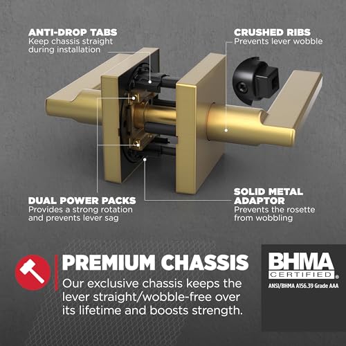 Kwikset 720HFLSQT-4 Halifax Lever with Square Rose Passage Door Lock with 6AL Latch and RCS Strike Satin Brass Finish - color: Satin Brass, size: 1 Pack