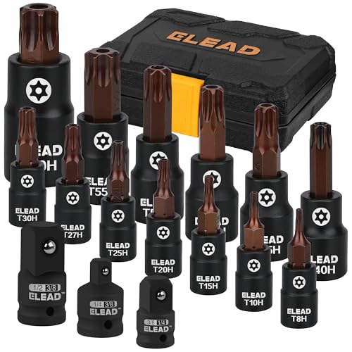 16-Piece Torx Bit Socket Set - Premium S2 Steel European Style T8-T60 with Socket Adapters, Star Bit Socket Set 1/4”, 3/8” and 1/2” Drive | Professional Mechanic Garage Tools - color: Torx Black