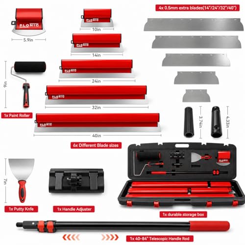 Drywall Skimming Blade Set with Portable Case,0.50 mm Stainless Steel 6",10", 14", 24", 32" & 40" Skimming Blades with 40"-84" Extension Handle, Drywall Finishing Tools - size: 10 inch/14 inch/24 inch/32 inch/40 inch