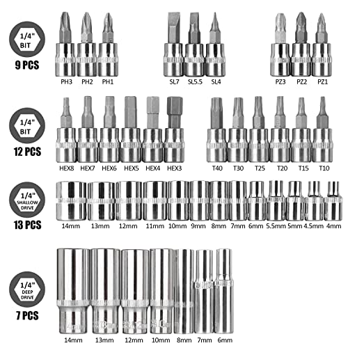 Egofine 53 Pieces 1/4 inch Drive Socket Ratchet Wrench Set with 72 Tooth Reversible Ratchet, with Bit Socket Set and Extension Bar for Auto Repairing and Household, with Storage Case - style: 1/4" 53 PCS with 72 Teeth Ratchet