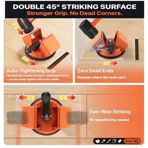 Floor Gap Fixer Tool, Fix Laminate LVP & Vinyl Plank Floor Gaps Without Contractor, Heavy Duty 45° Double-Sided Strike, 5-in-1 Complete Kit with Silicone Suction Cup, Rubber Mallet & Slot Cutter