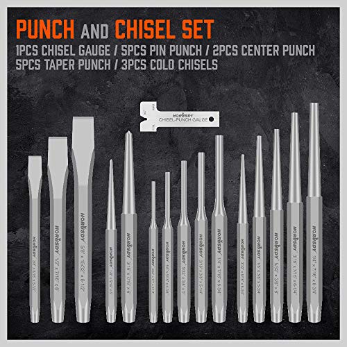HORUSDY 16-Piece Punch and Chisel Set, Including Taper, Cold Chisels, Pin, Center - size: 16-Piece