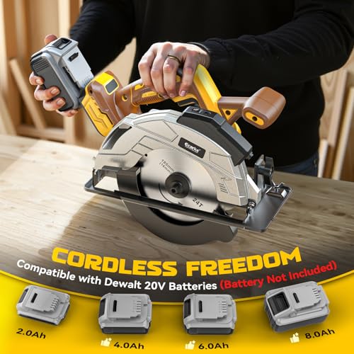 Ecarke 7-1/4" Cordless Circular Saw, Compatible with DeWalt 20V Battery, 5000 RPM Electric Circular Saw with Laser Guide, 2 Blades (24T & 40T), 0–45° Bevel, 2-1/4" Cutting Depth (Tool Only) - color: Yellow