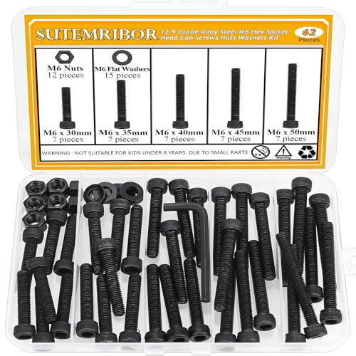 62-Piece M6 Hex Socket Head Cap Screws Nuts Washers Set - 30/35/40/45/50mm Long Black Assortment Kit - 12.9 Grade Alloy Steel, Fully Threaded - size: M6 Long Screws Kit, style: Socket Head