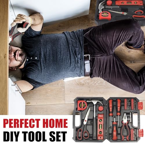 SPICIMOMO Basic Home Red Tool Kit - 38 Pieces Tool Set with Portable Storage Boxes for Daily Repairing and Maintenance, Home DIY Tool Kit Set for Office & Garage