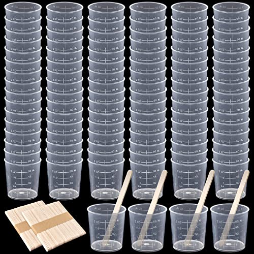 100 Pack 60ml/2oz Transparent Measuring Cups Reusable Clear Plastic Graduated Epoxy Mixing Cups with 100 Pack Wooden Stirring Sticks for Liquids Resin, Epoxy, Stain, Mixing Paint, School Labs - size: 60ml