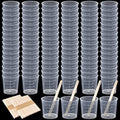 100 Pack 60ml/2oz Transparent Measuring Cups Reusable Clear Plastic Graduated Epoxy Mixing Cups with 100 Pack Wooden Stirring Sticks for Liquids Resin, Epoxy, Stain, Mixing Paint, School Labs - size: 60ml