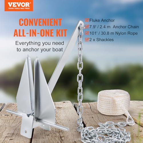 VEVOR Fluke Style Anchor Kit,Hot-Dipped Galvanized Steel Fluke Anchor with 7.9' Chain - size: 13 lbs