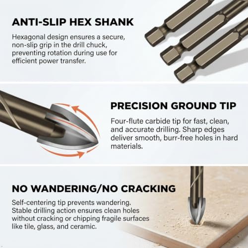 Carbide Tip Tile Drill Bit Set, 7 Piece Cross Head with Hex Shank, 3-12mm, for Ceramic, Glass, Concrete, Brick, Wood, Plastic