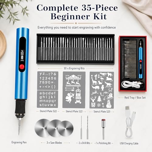 Engraving Pen,Lightweight Kit,35 Bits,3 Speed,Beginner-friendly Craft Tool - color: Blue