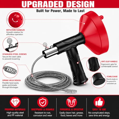 Drain Snake Auger, 33 FT Plumbing Snake Drain Hair Clog Removal Tool, Heavy Duty Snake Auger, Sink Unclogger Drain Cleaner Tool for Bathroom Kitchen Tub Shower Drain Clog Remover with Gloves, Red