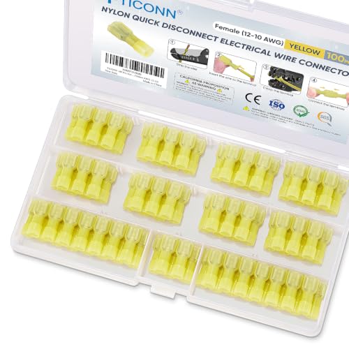 TICONN 100 Pcs Nylon Spade Connector Kit, Insulated Crimp Wire Connectors - style: Female Yellow 100 Pcs