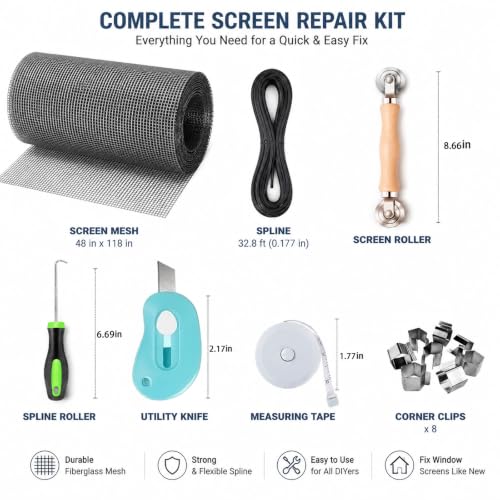 Window Screen & Screen Door Repair Kit (48"x118") - Fiberglass Mesh Replacement with 10M Spline, Rolling Tool, Clips, Cutter & Measuring Tape, Gray