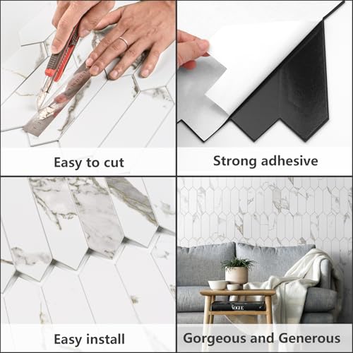 Vamos Tile Glossy White Marble with Gold Veining Backsplash Tile Peel and Stick, 12.8 x 12.8 Inch 10 Sheets Long Hexagon PVC Self Adhesive Mosaic Tiles Stick on Backsplash for Kitchen and Bathroom - color: White Marble with Gold Veining
