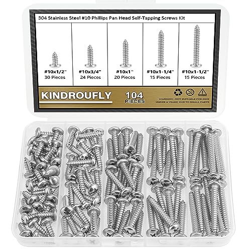 104 Pieces #10 x 1/2" 3/4" 1" 1-1/4" 1-1/2" Phillips Pan Head Self-Tapping Screws, Wood Screws Assortment Kit, 304 Stainless Steel - size: #10