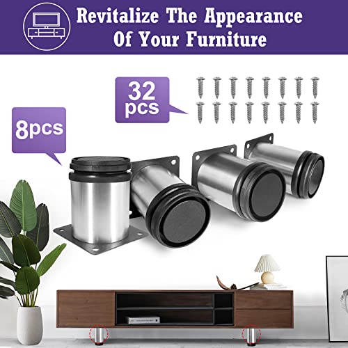 2.5 Inch Metal Furniture Legs - Stainless Steel, Adjustable, Silver, Round, Cabinet Legs for Coffee Table, Cabinet, Desk, Sofa, Shelves - Pack of 8 - color: Silver, size: 2.5"