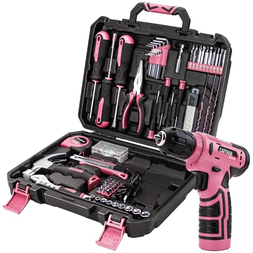 CARTMAN 150-Piece 8V Cordless Drill Hand Tool Set Pink Household Repair Kit - color: Pink