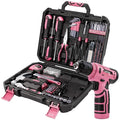 CARTMAN 150-Piece 8V Cordless Drill Hand Tool Set Pink Household Repair Kit - color: Pink