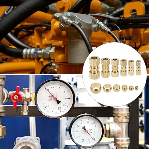 QWORK 46pcs Brass Compression Tube Fittings, 1/8" 3/16" 1/4" 5/16" 3/8" 1/2" OD Straight Union Coupling Assortment Kit for Truck Airlines
