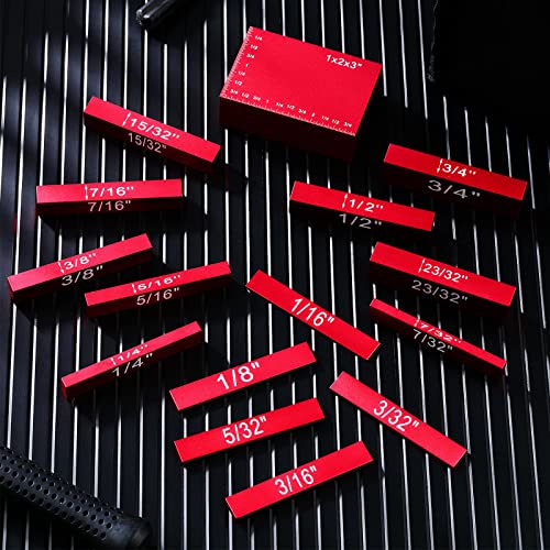 Setup Blocks Height Gauge Set, 15 Pieces Aluminum Block Precision Saw Kit Drill Press Table Router Setup Blocks Woodworking Tool Bars Accessories Laser Engraved Size Markings(Red)