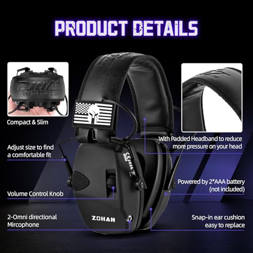 ZOHAN Electronic Shooting Earmuffs with Patches, 2Pack Hearing Protection for Shooters, NRR 23dB Noise Reduction, Gun Range Ear Protection Headphones(Black+Black) - color: With Patches-black&black