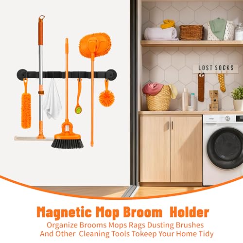 Magnetic Broom Holder Wall Mount with 4 Hooks and 3 Rack- Heavy Duty Non-Slip Mop Hanger for Wet Mops &Cleaning Tools on Refrigerator,Metal Door,Garage,Kitchen (3Racks 4Hooks)
