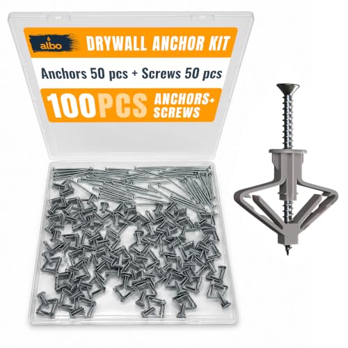 ALBO Drywall Anchor Kit Hollow Wall with Screws 100 pcs. (Grey Anchor 50pcs + Screws 50pcs) Plastic Hollow Wall Drilling Anchors - color: Grey 50pcs