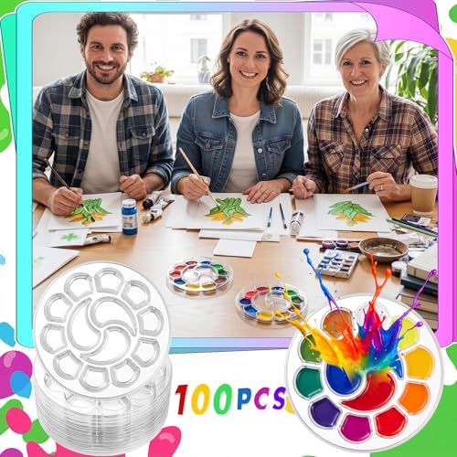 100 Pcs Large Clear Round Paint Tray Palette Disposable Watercolor Palette Acrylic Paint Pallet Color Mixing Tray for Painting Party Oil Watercolor Craft Supplies DIY - style: Round