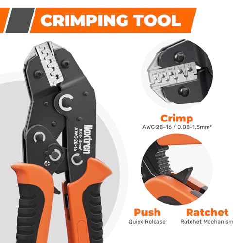 5-in-1 Wire Crimping Tool, AWG 28–16 Ratcheting Pin Crimper for Non-Insulated Open Barrel Terminals – Fits JST XH/PH/SM/SYP, Dupont, Molex, AMP, TE, Deutsch & More Automotive Wire Connectors