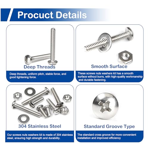 206Pcs #10-24 x 1/4" to 1-1/4" Pan Head Machine Screws Nuts Washers Kit - size: #10-24