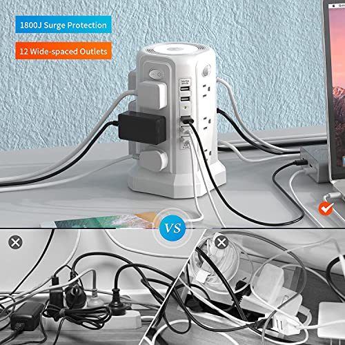 2PC Surge Protector Power Strip Tower with 5 USB Ports and Night Light - color: White-2PC