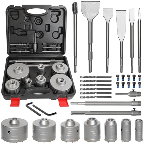 ATOLS 34PCS Concrete Hole Saw Kit, Masonry Concrete Drill Bit Set, Chisel Set with SDS Plus & Max Shanks Wall Hole Saw Drill Bit for Brick Stone Cement Wall, Kit Size 30 40 50 65 80 100 110MM
