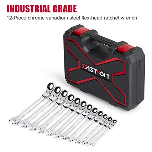 Eastvolt 12-Piece Flex-Head Ratcheting Wrench Set, Metric 8mm-19mm, Combination Ended Spanner kits, Chrome Vanadium Steel with Toolbox, EVHT1201 - size: Wrench set