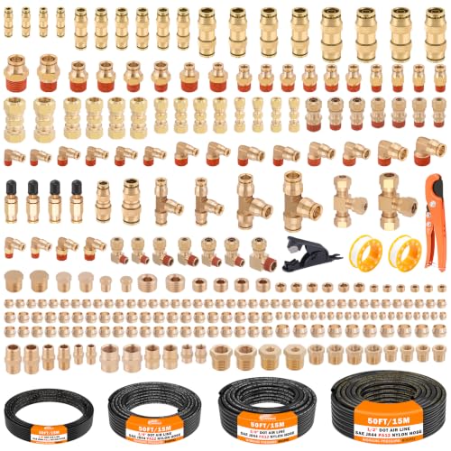 CheeMuii 260 PCS Brass DOT Air Line Fittings with 4 Roll 50FT DOT Air Lines - size: 50FT-4ROLL-260PCS